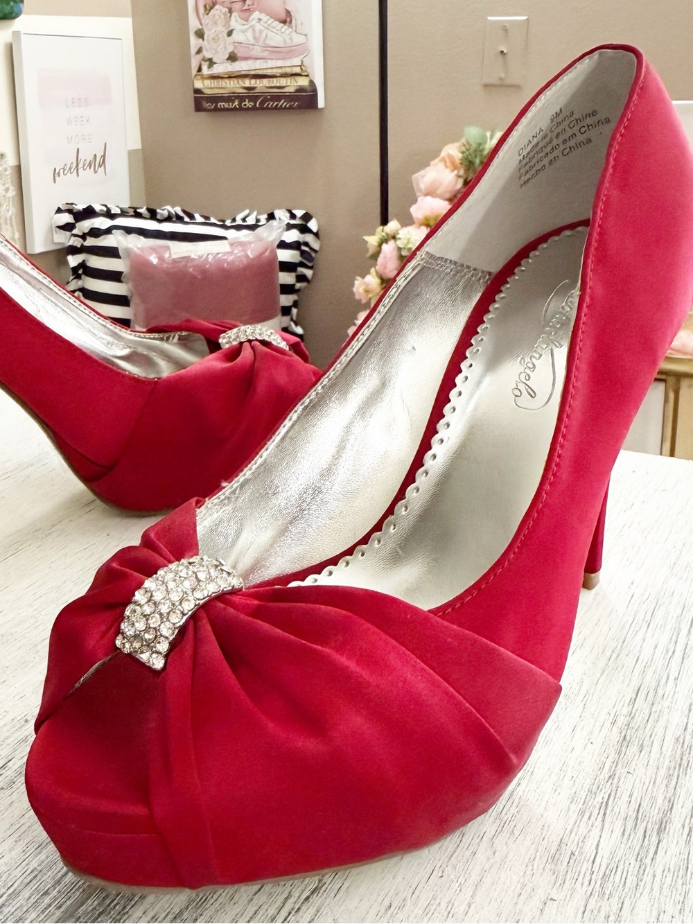 Michaelangelo Red Satin Crystal-Embellished Peep-Toe Heels size 9M